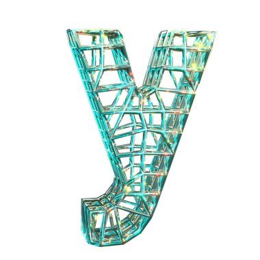 3D görüntüleme. Küçük harf y. Büyü stili grafikleri. Taze yüksek çözünürlüklü sembol. El değmemiş köpüklü su çiçeği yazı tipi. Beyaz arkaplanda izole.