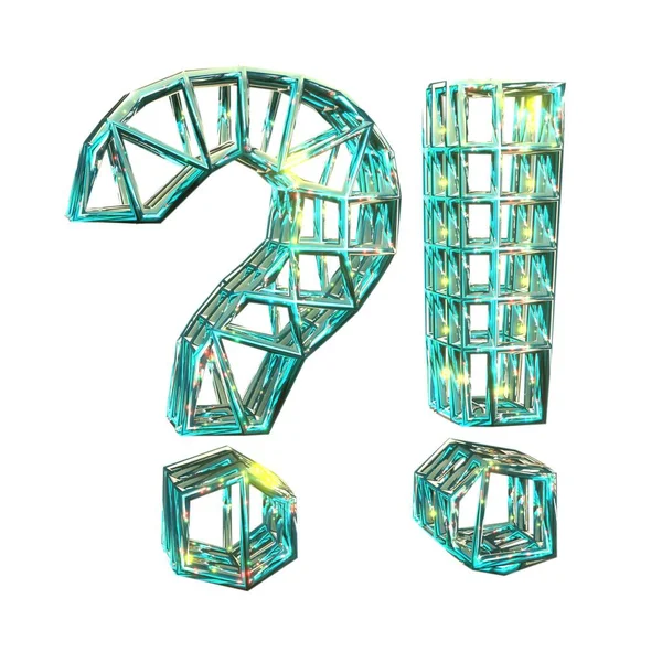 3D rendering, question, exclamation marks. Net high resolution symbol render.  Pure Sparkling aquamarine font. Magic style graphic. Isolated on white background.