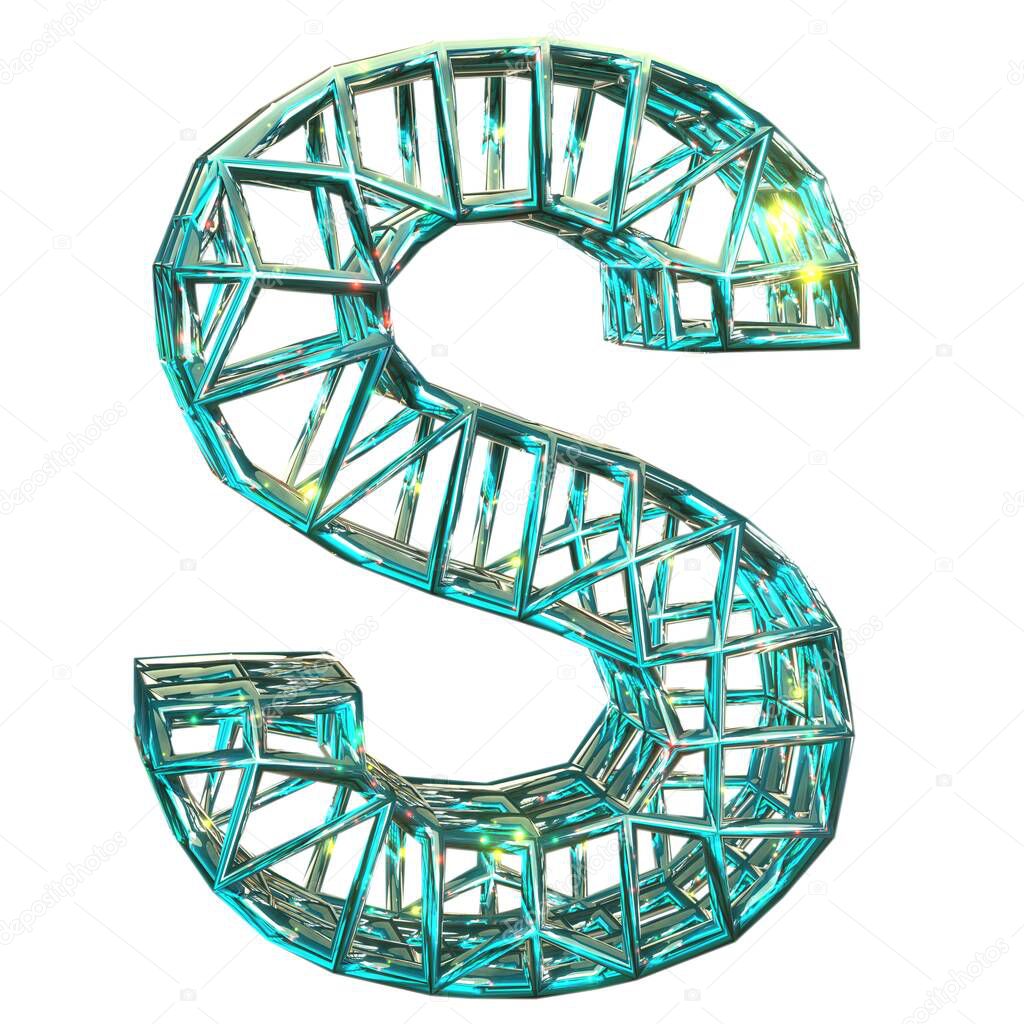 3D rendering. Uppercase Letter S. New high resolution symbol render.  Pristine Sparkling aquamarine font. Magic style blend. Isolated on white background.