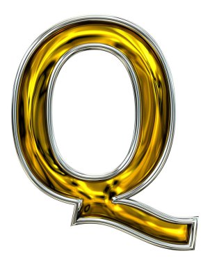 3 boyutlu görüntüleme. Büyük harf Q. Yüksek çözünürlüklü ABC canlandırıcı. Kapı numarası yazı tipini temizle. Kabartmalı parlak metal. Gümüş çerçeveli. Beyaz arkaplanda izole.