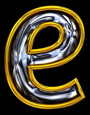 3 boyutlu görüntüleme. Küçük harf E, yüksek çözünürlüklü ABC canlandırması. El değmemiş kapı numarası yazı tipi. Kabartmalı çelik grafik. Altın çerçeveli. Siyah arkaplanda izole.