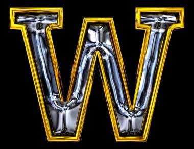 3 boyutlu görüntüleme. Büyük harf W. Cool kapı numarası yazı tipi. Kabartmalı çelik karışımı. Yüksek çözünürlüklü ABC canlandırması. Altın çerçeveli. Siyah arkaplanda izole.