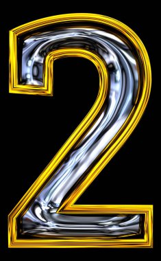 3D görüntüleme, 2 numara. Çıtır Kapı tarzı yazı tipi. Yüksek çözünürlüklü ABC canlandırıcı. Kabartmalı çelik lamba. Altın çerçeveli. Siyah arkaplanda izole.