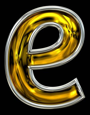 3 boyutlu görüntüleme. Küçük harf e. Son kullanılan kapı numarası yazı tipi. Yüksek çözünürlüklü ABC görüntüleme. Kabartmalı metal ilham verir. Gümüş çerçeveli. Siyah arkaplanda izole.