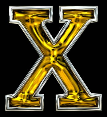 3 boyutlu görüntüleme. Büyük harf X. Temiz yüksek çözünürlüklü ABC görüntüleme. Kabartmalı metal karışımı. Saf Kapı numarası yazı tipi. Gümüş çerçeveli. Siyah arkaplanda izole.