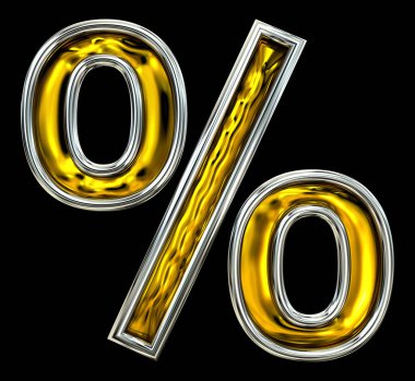 3 boyutlu görüntüleme. Yüzde işareti. Çıtır Kapı tarzı yazı tipi. Son zamanlardaki yüksek çözünürlüklü ABC görüntüleme. Kabartmalı metal modern. Gümüş çerçeveli. Siyah arkaplanda izole.