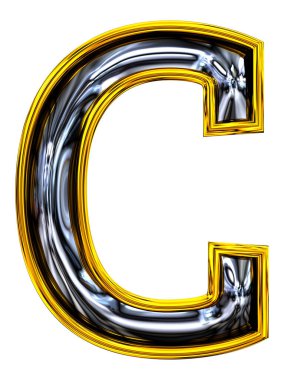 3 boyutlu görüntüleme. Büyük harfli C harfi. Yüksek çözünürlüklü ABC. Yeni kapı numarası yazı tipi. Kabartmalı çelik parlak. Altın çerçeveli. Beyaz arkaplanda izole.