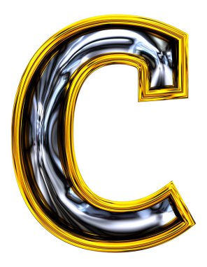 3 boyutlu görüntüleme. Küçük harf C, kabartmalı çelik lamba. Yeni kapı numarası yazı tipi. Yüksek çözünürlüklü ABC görüntüleme. Altın çerçeveli. Beyaz arkaplanda izole.