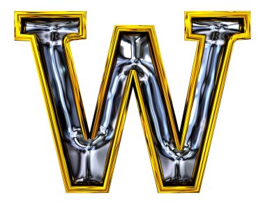 3 boyutlu görüntüleme. Büyük harf W kabartmalı çelik karışımı. Yüksek çözünürlüklü ABC görüntüleme. Breezy Door tarzı yazı tipi. Altın çerçeveli. Beyaz arkaplanda izole.