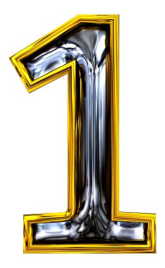 3D görüntüleme, 1 numara. Kabartmalı çelik parlak. Çıtır Kapı tarzı yazı tipi. Yüksek çözünürlüklü ABC canlandırması. Altın çerçeveli. Beyaz arkaplanda izole.