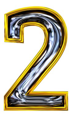 3D görüntüleme, 2 numara. Yüksek çözünürlüklü ABC canlandırması. Kabartmalı çelik karışımı. Taze kapı numarası yazı tipi. Altın çerçeveli. Beyaz arkaplanda izole.