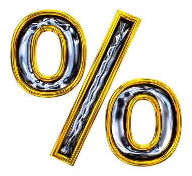 3 boyutlu görüntüleme. Yüzde işareti. Kabartmalı çelik lamba. Yüksek çözünürlüklü ABC görüntüleme. El değmemiş kapı numarası yazı tipi. Altın çerçeveli. Beyaz arkaplanda izole.