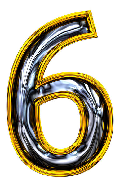 3D рендеринг, номер 6. Первозданный рендер ABC высокого разрешения. Тиснутая стальная смесь. Шрифт Breezy Door number style. Золотая оправа. Изолированный на белом фоне
.