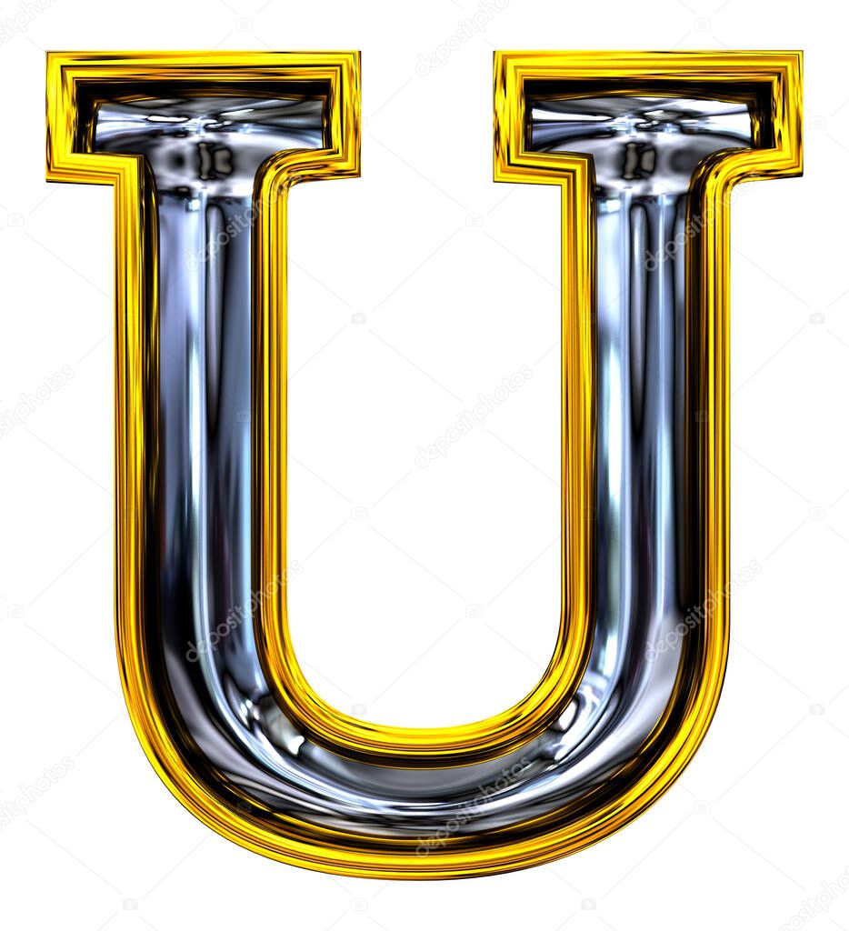 3D rendering. Uppercase Letter U. Fresh high resolution ABC render.  Embossed steel bright. New Door number style font. Gold rimmed. Isolated on white background.