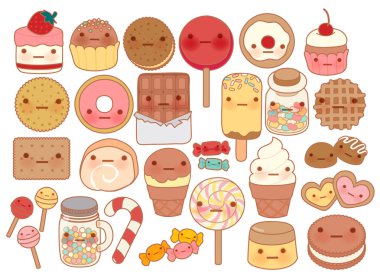 Bebek güzel tatlı ve tatlı koleksiyonu doodle simgesi, tatlı pasta, tatlı şeker, tatlı dondurma, kawaii jöle fasulye, çocuksu manga çizgi film tarzı girly tanımlama bilgisi