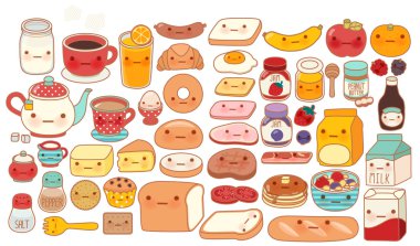 Bebek güzel kahvaltı set doodle Icon, tatlı mısır gevreği, tatlı ekmek, tatlı çilek reçeli topluluğu, kawaii gözleme, çocuksu elle çizilmiş manga çizgi film tarzı girly süt