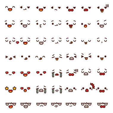 Kızgın, mutlu, sevimli güzel ifadeyi emoji Doodle karikatür yüz wink, eğlenceli, acı, şok, feryat, aşk, gülümseme, gülmek, çocuksu manga çizgi film tarzı beyaz izole öpücük topluluğu