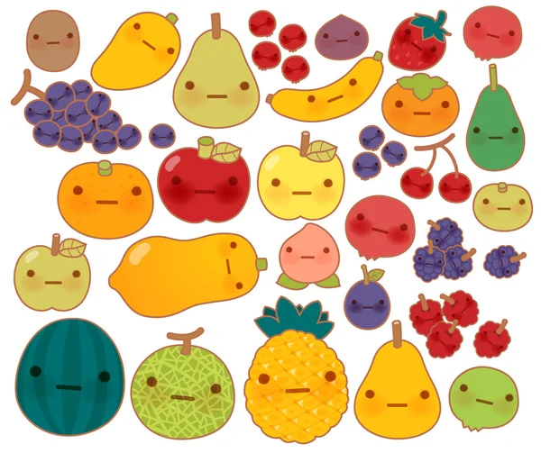 Collection of lovely baby fruit and vegetable doodle icon, cute strawberry, adorable apple, sweet cherry, kawaii banana, girly mango in childlike manga cartoon style — стоковый вектор