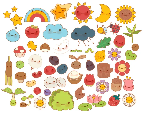Sammlung von schönen Baby Wald Natur Doodle Charakter-Ikone, niedlichen Stern, entzückende Blume, süße Früchte, kawaii Regenbogen, Girly Bug, Comic-Apfel in kindlicher Manga-Cartoon-Stil — Stockvektor