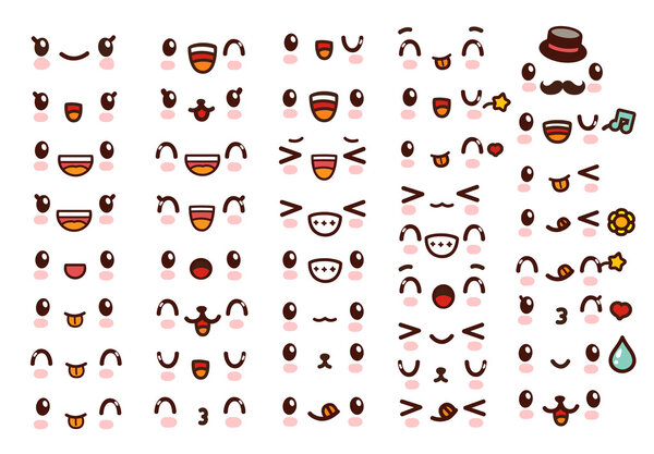 Collection of cute lovely kawaii emoticon emoji Doodle cartoon face , smile , happy , wink , excited , sleepy , chill , kiss , crazy , sweet in childlike manga cartoon style