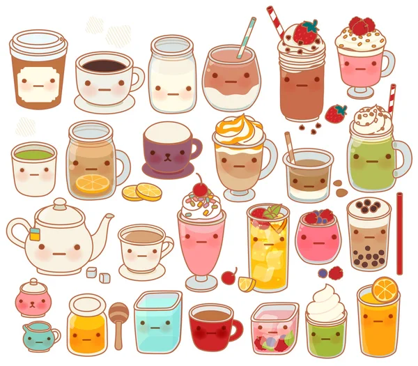 Sbírka krásné teplé a studené nápoje ikonu, roztomilý čaj, rozkošný mléko, sladká káva, kawaii lichotník, holčičí matcha zelený čaj izolované na bílém v dětsky manga kreslený styl — Stockový vektor