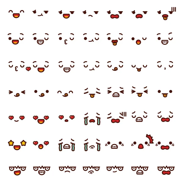 Collection of cute lovely emoticon emoji Doodle cartoon face angry, happy, wink, fun, sad, shock, cry, in love, smile, laugh, kiss isolated on white in childlike manga cartoon style — стоковый вектор