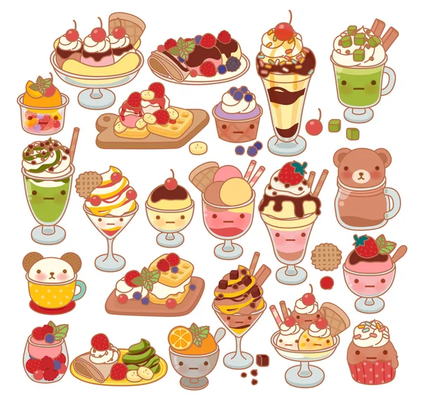 Collection of lovely baby sweet dessert doodle icon, cute ice cream, adorable waffle, sweet crepe, kawaii sundae, girly parfait in childlike manga cartoon style isolated on white — Stock Vector