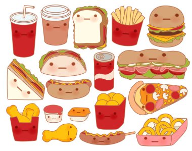 Güzel bebek maması topluluğu doodle Icon, şirin hamburger, çok güzel sandviç, tatlı pizza, kawaii kahve, çocuksu manga çizgi film tarzı girly taco  