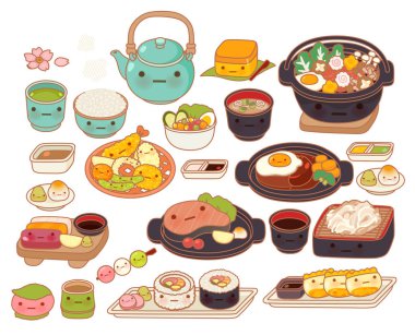 Bebek güzel Japon yemekleri doodle Icon, sevimli yastık tempur topluluğu