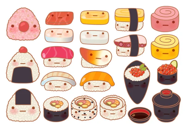 Colección conjunto de precioso bebé japonés comida doodle icono, lindo su — Archivo Imágenes Vectoriales