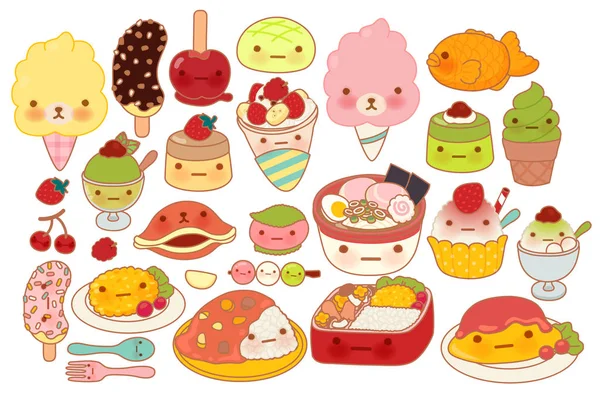 Συλλογή των ιαπωνικών τροφίμων, υπέροχο μωρό doodle εικονίδιο, χαριτωμένο ομελέτα — Διανυσματικό Αρχείο