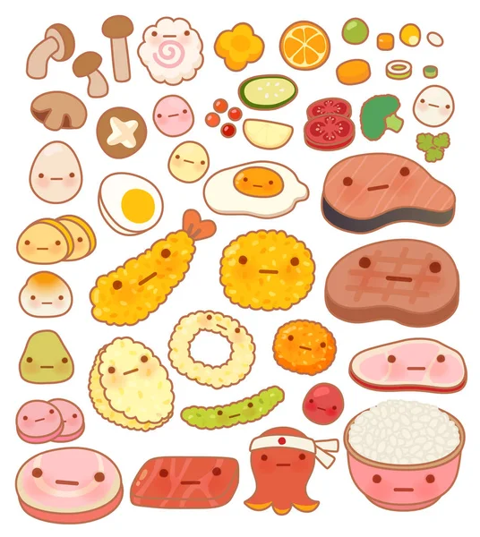 Collezione di adorabile bambino giapponese orientale cibo doodle icona, cu — Vettoriale Stock