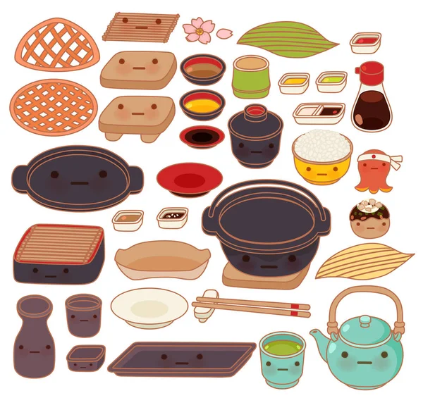Collection set of lovely japanese kitchen ware doodle icon, cute — Stock Vector