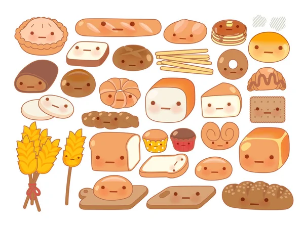 Colección de adorable bebé panadería comida garabato icono, lindo br blanco — Vector de stock