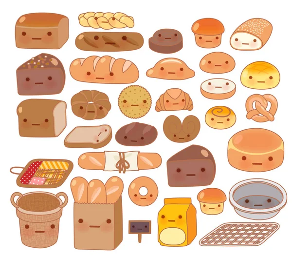 Colección de adorable bebé panadería comida garabato icono, lindo br blanco — Vector de stock