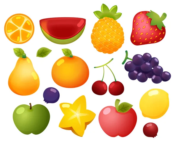 Колекція Набір барвистих глянцевих мультиплікаційних фруктових іконок, помаранчевий, w — стоковий вектор