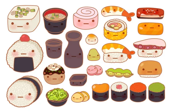 Coleção de adorável bebê japonês oriental comida doodle ícone, cu Ilustração De Stock