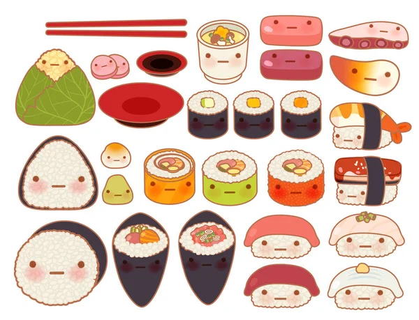 Collection of lovely baby japanese oriental food doodle icon, cu Stock Vector