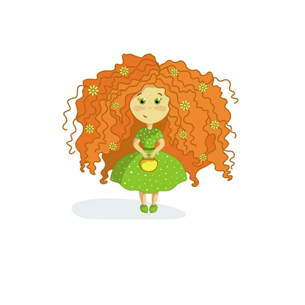 Ginger girl in a green dress with polka dots. Curly girl with flowers in her hair holds a handbag in her hands. Beautiful redhead girl with freckles.