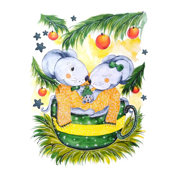 Mice family. A couple of cute mice and their baby are sitting in a cup. Mice wrapped in a long scarf. They are sitting under the new year fir tree branches. Cute Christmas watercolor illustration.