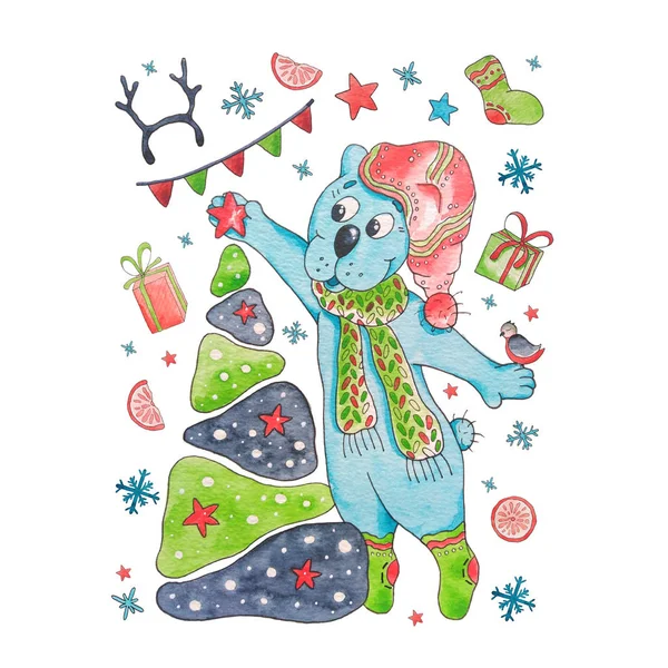 Bear Decorates Christmas Tree Winter Teddy Bear Children Fairy Christmas — Stock Photo, Image