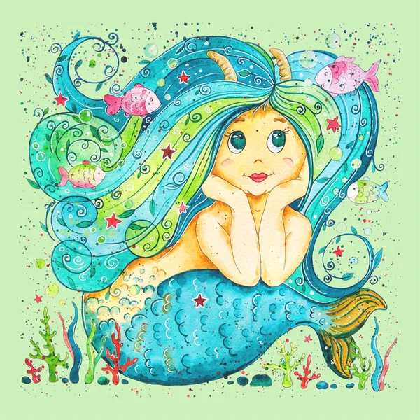 Capricorn little mermaid girl sitting on the seabed under water and watching the fish. Magical underwater world, fish, corals, algae.