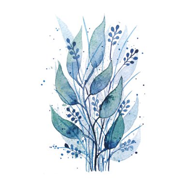 Küçük bir buket mavi kır çiçeği ve yapraklar. Beyaz arka planda bir buket arazi. Bahar yaprakları, dallar ve çiçekler.