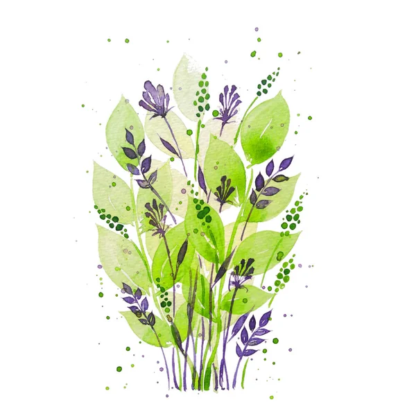 一束紫色野花和树叶的小束 白色背景上的野花 枝条和花朵 — 图库照片