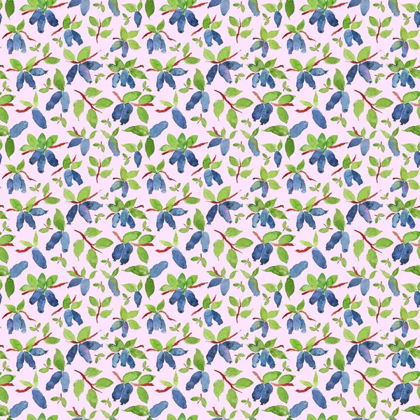 Seamless honeysuckle floral pattern. Dusty blue watercolor retro pattern. Fresh summer northern berries on a light pink background.