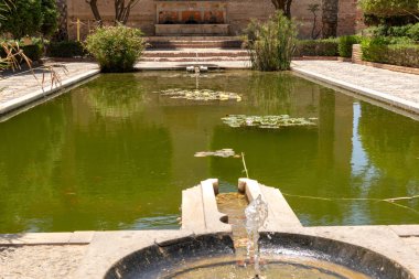Yazın Alcazaba (Müslüman tahkimatı) 'nın iç kısımları mavi gökyüzüyle. Almerya, Endülüs, İspanya