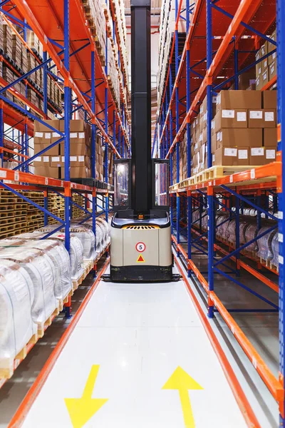 System of address storage of products, materials and goods in a warehouse. Managed electric forklift between rows.