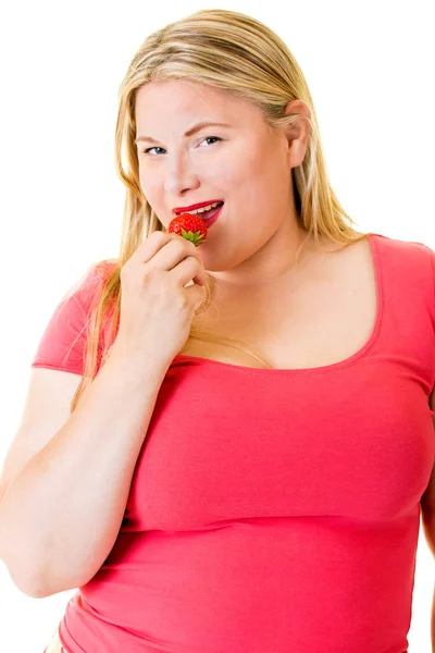 Nadwagę kobieta z jedzeniem — Zdjęcie stockowe