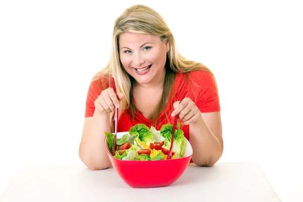 Mujer dieta feliz con ensalada — Foto de Stock