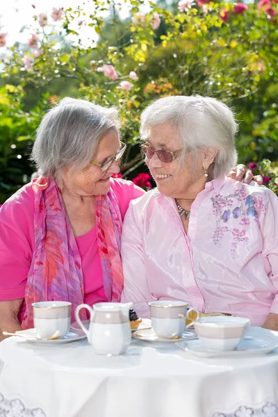 Duas Mulheres Alegres Seniores Relaxando Sobre Chá Jardim Dia Ensolarado — Fotografia de Stock